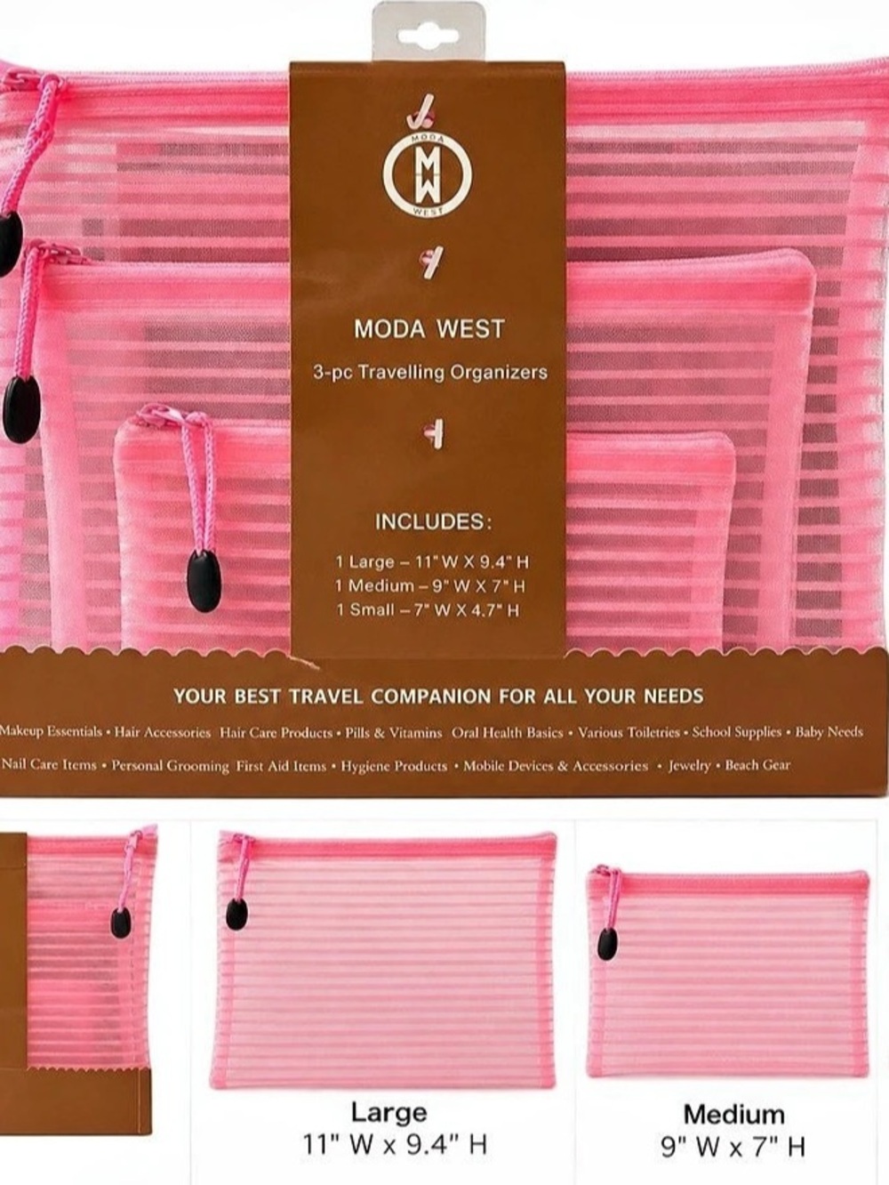 Moda West 3-Pc Pink Mesh Zipper Makeup/Travel Organizer Pouches